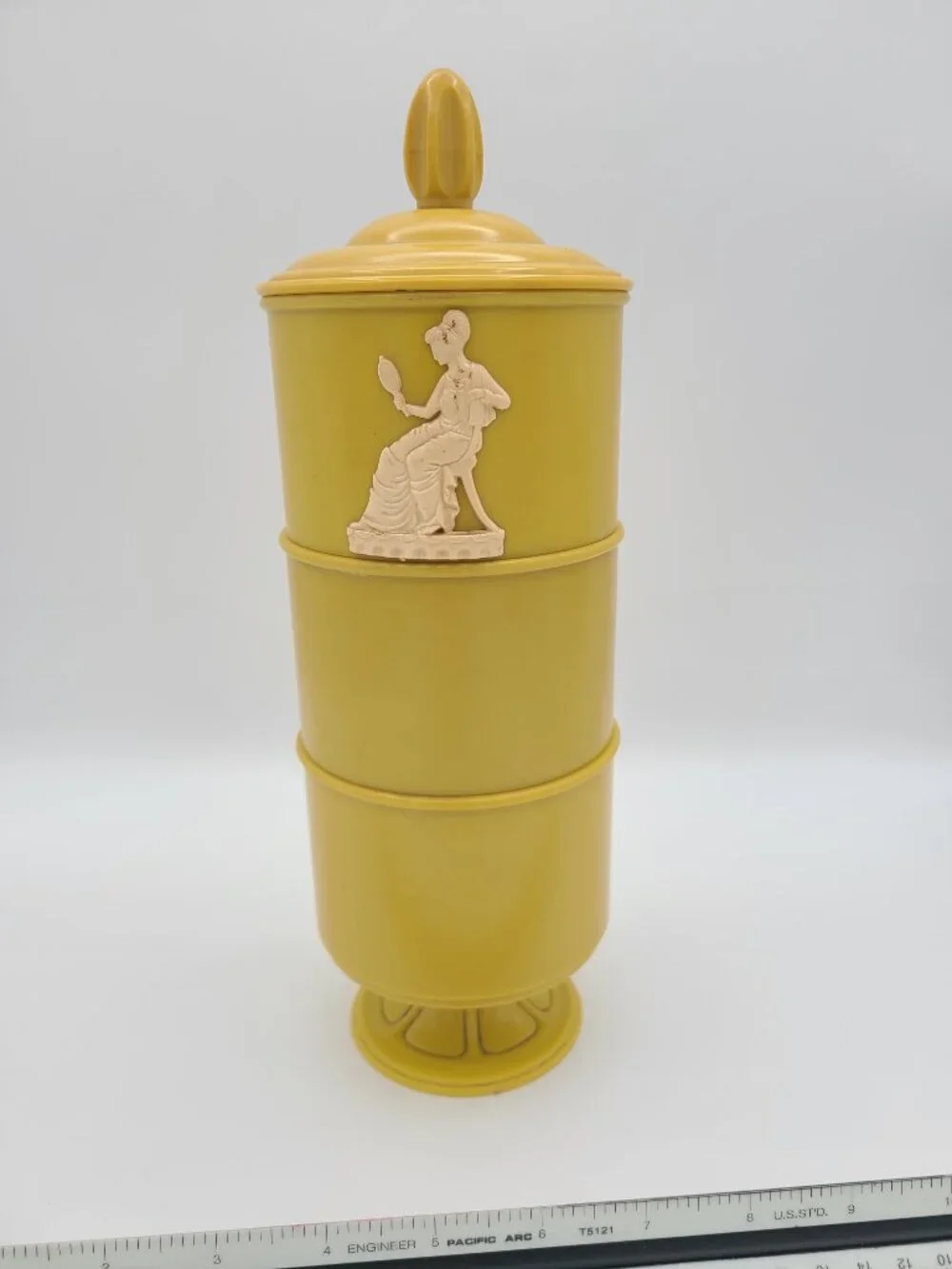 Vintage 3 Tier Yellow Powder Box Celluloid Wedgwood Jasperware Style Victorian